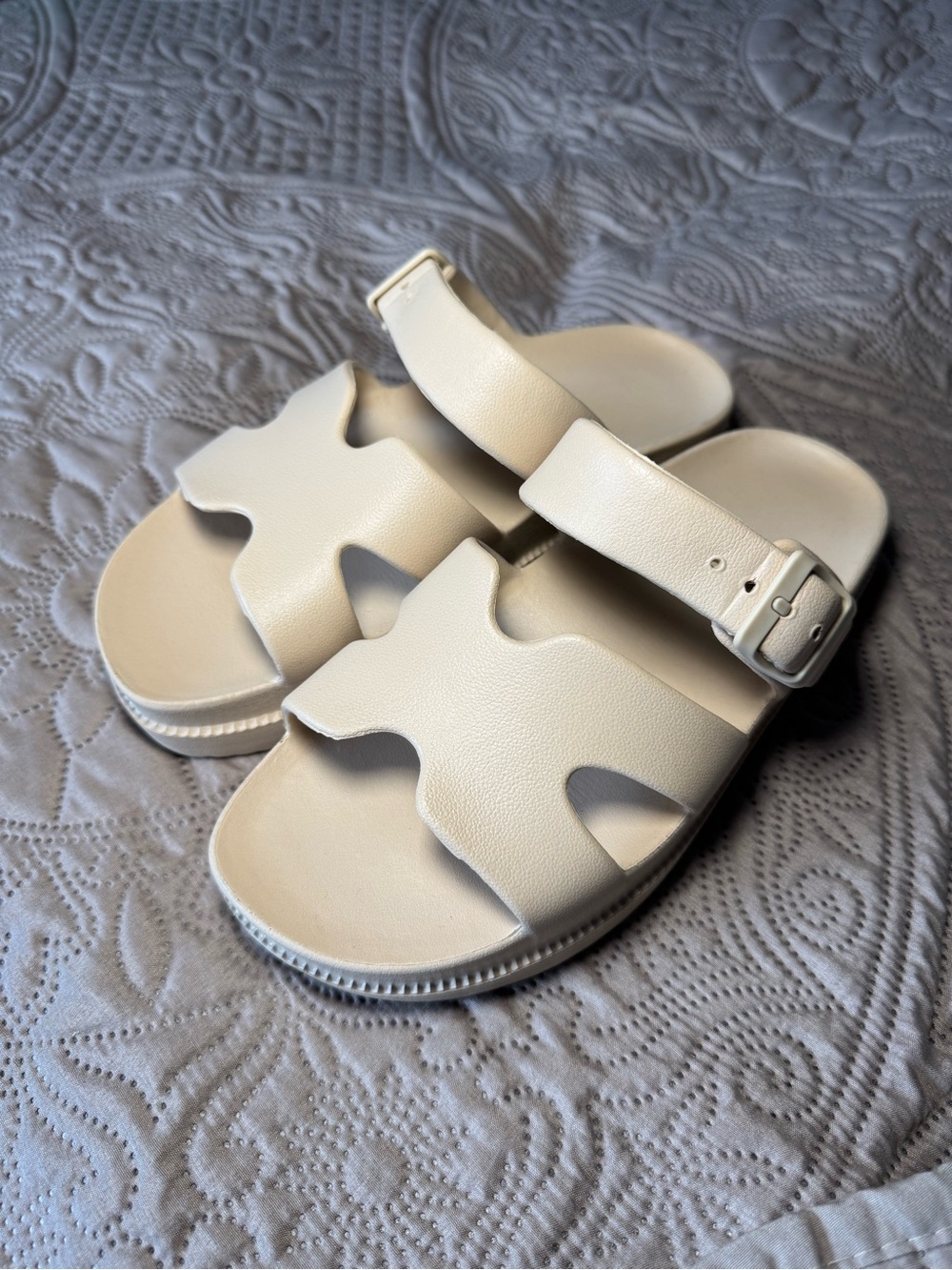 Cream Slide Sandals with Buckle Strap